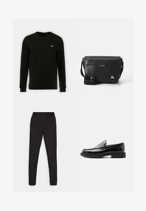 Zwarte sweatshirt van katoen, met lange mouwen en een ronde hals. Opvallend geel vogel logo op de linkerborst. Zachte textuur.; Zwarte tapered broek met een elastische tailleband, gemaakt van een soepele, lichte stof, zonder zichtbare patronen of hardwaredetails.; Zwarte leren loafer met dikke rubberen zool, gestikte bovenkant en gegraveerde merknaam op de hiel, zijaanzicht op witte achtergrond.; Zwarte textuur Lacoste schoudertas met verstelbare strap, voormep flap, ritszak en metalen gesp-sluiting.
