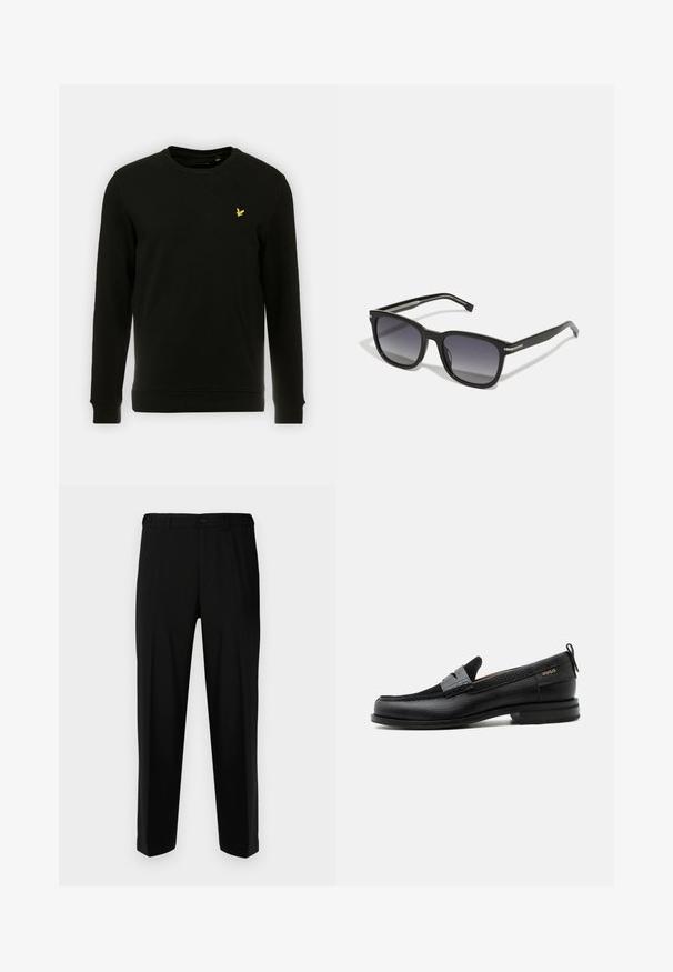 Sweatshirt noir en coton, avec des manches longues et un col rond. Logo d'oiseau jaune remarquable sur la poitrine gauche. Texture lisse.; Pantalon noir en tissu lisse, présentant une coupe droite, deux poches avant et une fermeture à glissière avec bouton.; Mocassin en cuir noir avec détail de bride grise, talon bas et semelle texturée, marqué "HUGO" en or sur le côté.; BOSS Lunettes de soleil - black