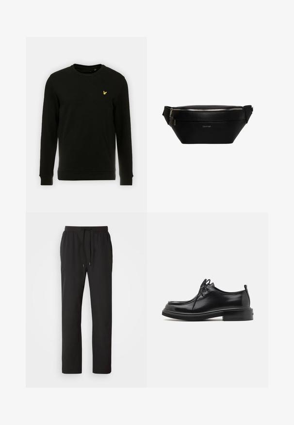Sweatshirt noir en coton, avec des manches longues et un col rond. Logo d'oiseau jaune remarquable sur la poitrine gauche. Texture lisse.; Pantalons de jogging noirs en tissu léger, dotés d'une taille élastique avec cordons de serrage réglables et poches latérales. Texture lisse.; Calvin Klein LACE UP APRON BRUSH OFF - Derbies - black; Sac banane en cuir noir Calvin Klein avec fermeture éclair argentée et sangle réglable, logo minimaliste au centre devant.