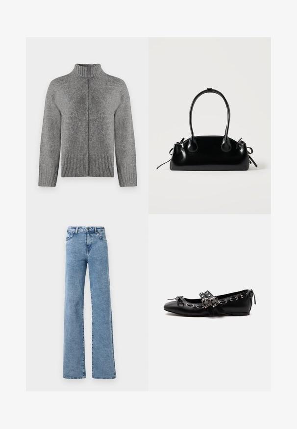 Pull en tricot gris avec un col montant à côtes, des épaules tombantes et une coupe droite. Présente des côtes texturées sur l'ensemble et une couture dans le dos.; Noisy May Straight fit NMYOLANDA - Wide Leg - medium blue denim; Chaussure de ballet plate noire avec doubles brides à boucle, œillets argentés et petit nœud près de l’orteil arrondi sur fond blanc.; Petit sac à main noir brillant avec deux longues anses et des détails à cordon sur les côtés sur un fond clair uni.