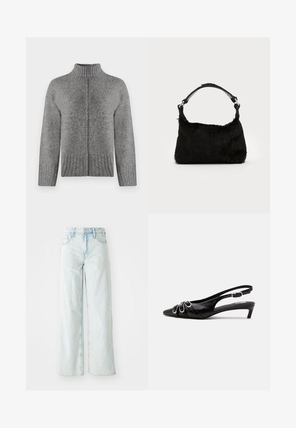 Pull en tricot gris avec un col montant à côtes, des épaules tombantes et une coupe droite. Présente des côtes texturées sur l'ensemble et une couture dans le dos.; Jean en denim de couleur bleu clair, taille haute et jambes larges. Comprend cinq poches et une fermeture à bouton. Texture usée sur les cuisses.; Chaussure slingback en cuir noir avec bout pointu, trois boucles argentées à l'avant et petit talon kitten sur fond blanc.; Sac à main en fausse fourrure noire avec une texture douce, une forme arrondie et une bandoulière en cuir noir robuste. Accent en métal argenté visible.