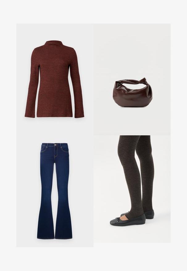 Top à col roulé à manches longues de couleur rouille texturée, présentant une silhouette ajustée et un tissu lisse et doux.; Jean flare en denim bleu foncé avec bouton frontal, fermeture éclair, passants de ceinture, et cinq poches, présenté sur un fond blanc.; Jambes portant des leggings côtelés foncés associés à des ballerines noires avec de petits détails en nœud sur fond blanc.; Sac bandoulière en cuir marron foncé avec une forme souple et décontractée et une anse nouée torsadée sur un fond blanc uni.