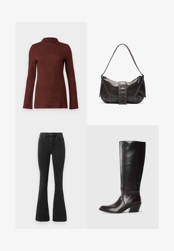 Top à col roulé à manches longues de couleur rouille texturée, présentant une silhouette ajustée et un tissu lisse et doux.; Jean flare taille haute noir avec fermeture à boutons et zip devant, poches avant et arrière, et ourlets droits surpiqués.; Botte en cuir brun foncé, à hauteur de genou, avec un bout pointu, un talon bloc angulaire et une texture lisse et brillante. Présente un design épuré et des détails de couture.; Sac à épaule en cuir marron avec une forme courbée, présentant un détail de boucle proéminent, des coutures contrastantes et une seule bandoulière.