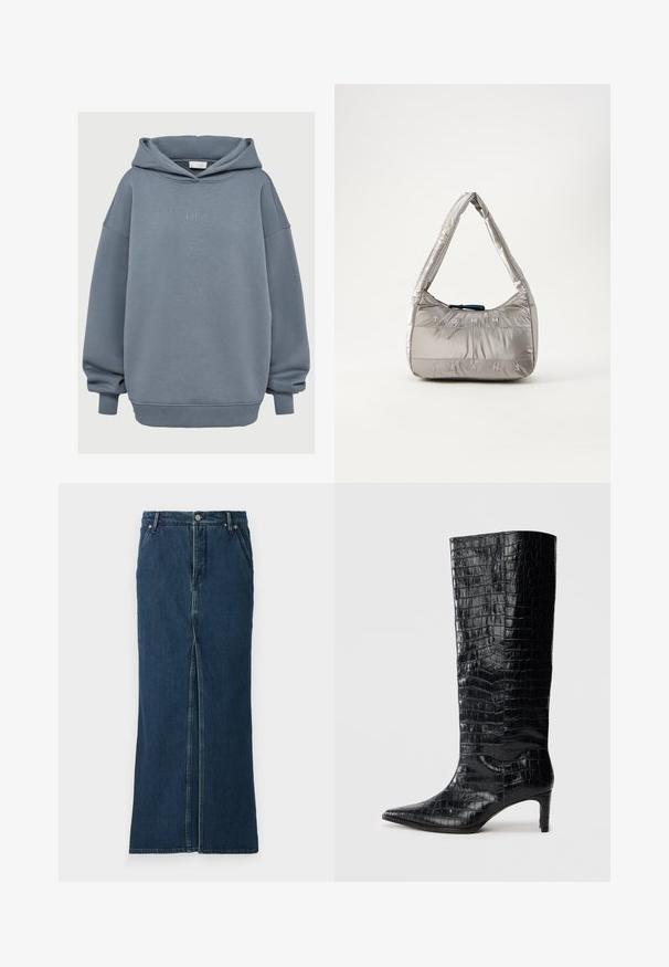 Sudadera de corte holgado en azul polvoriento, con puños y dobladillo acanalados, un bolsillo tipo canguro en la parte delantera y un pequeño texto bordado "LeGer" en el pecho.; Good American FIT AND FLARE MAXI SKIRT - Falda vaquera - indigo; Botas negras de media caña con textura brillante de patrón de cocodrilo, punta afilada y tacón cónico. Material sintético liso.; Bolso de mano hinchado plateado con una silueta curva, que cuenta con un cierre de cremallera y el logo grabado "TOMMY JEANS" en el frente. Textura lisa y brillante.