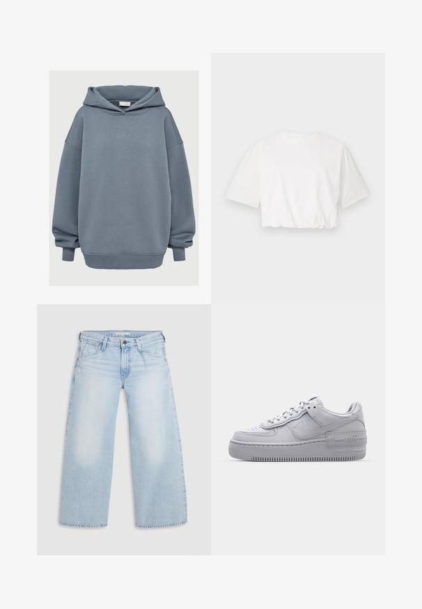 Losse, vuilblauwe hoodie met ribgebreide manchetten en onderrand, een voorkangoeroe-pocket en kleine "LeGer" geborduurde tekst op de borst.; Witte cropped t-shirt met korte pofmouwen, ronde halslijn en geplooide onderrand, gemaakt van zachte katoenstof.; Lichtblauwe wijde jeans gemaakt van denim. Kenmerken zijn een rechte snit, een vijfzakkenontwerp en een knoopsluiting aan de taille.; Grijze Nike Air Force 1 sneaker met geperforeerde neus, glad leren bovenwerk, dikke zool en verhoogde 'AIR' details op de hiel.