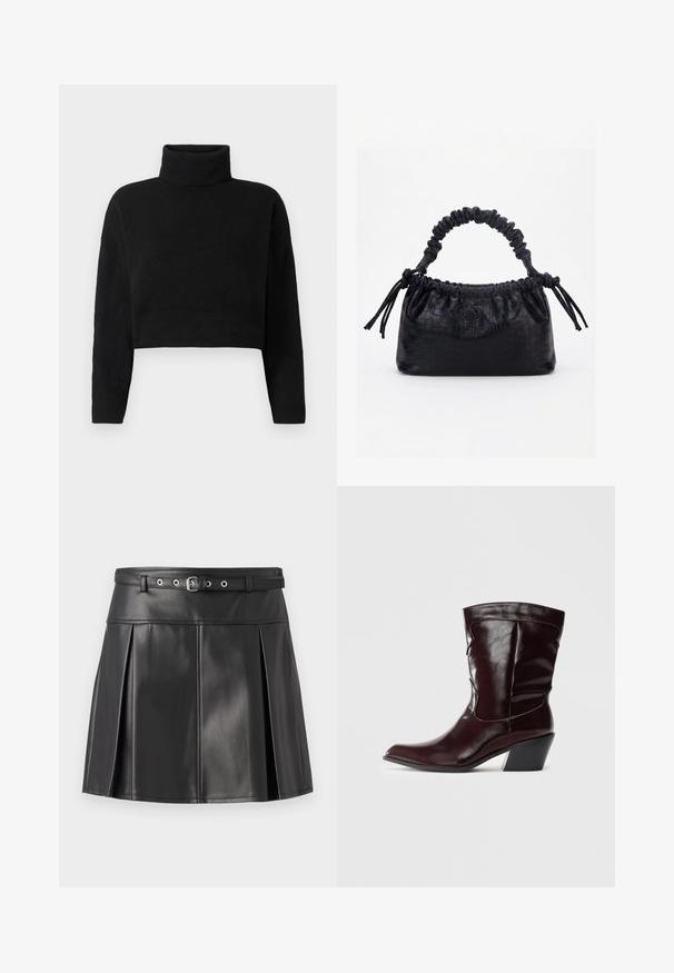 Jersey negro recortado con cuello alto, mangas largas y una textura suave. Diseño simple sin patrones ni herrajes visibles.; Falda plisada negra de cuero sintético, con una cinturilla ajustada que incluye un cinturón y detalles en plata. Textura suave.; Botines de cuero burdeos con punta afilada, superficie texturizada y tacón bajo cónico. Presentan costuras sutiles y un ajuste ceñido.; Bolso negro con textura de cocodrilo, borde superior fruncido, asa recogida y cordones con borlas en cada lado sobre un fondo blanco.