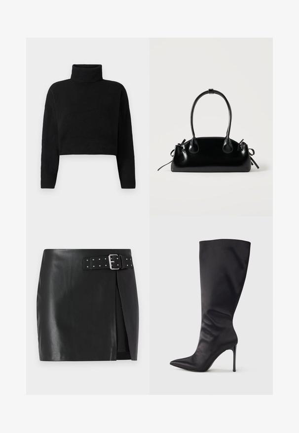 Pull en maille noir coupé, avec un col roulé haut, des manches longues et une texture douce. Design simple sans motifs ni éléments visibles.; Mini-jupe en simili cuir noir avec une ceinture réglable comportant une boucle en argent et des clous décoratifs, design à enroulement avant et texture lisse.; Botte noire haute jusqu'aux genoux en cuir verni lisse et élégant ; bout pointu ; ajustée avec un léger froncé près de la cheville ; talon brillant.; Petit sac à main noir brillant avec deux longues anses et des détails à cordon sur les côtés sur un fond clair uni.