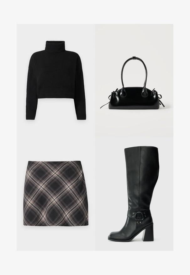 Jersey negro recortado con cuello alto, mangas largas y una textura suave. Diseño simple sin patrones ni herrajes visibles.; Minifalda a cuadros en negro y beige con patrón de cuadros diagonal, cintura ajustada y textura de tela suave.; Botas de cuero negro hasta la rodilla con puntera cuadrada, tacón ancho y una correa decorativa con acentos metálicos alrededor del tobillo. Textura suave.; Pequeño bolso negro brillante con dos asas largas y detalles de cordón lateral sobre un fondo claro liso.