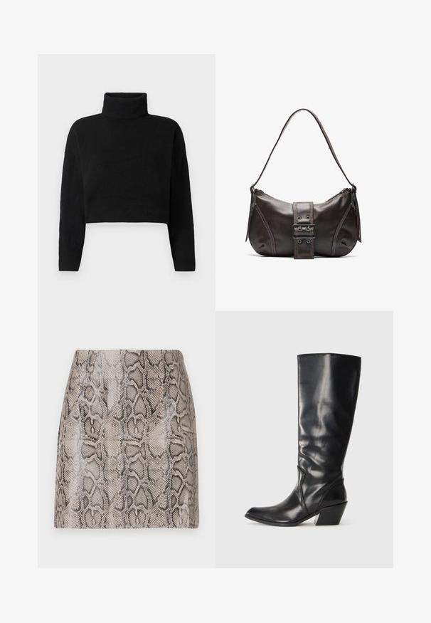 Sort cropped striktrøje med høj turtleneck, lange ærmer og en blød tekstur. Simpelt design uden mønstre eller synligt hardware.; En tætsiddende miniskørt med en blank, struktureret faux slangeskindsprint i nuancer af beige og sort, med en glat overflade og uden synlige lukninger.; Sorte læder knæhøje støvler med spids tå, vinklet hæl og glat tekstur. Funktioner en subtil syning langs siden.; Brun læder skuldertaske med en buet form, der har et fremtrædende spænde, kontrasterende syninger og en enkelt skulderrem.