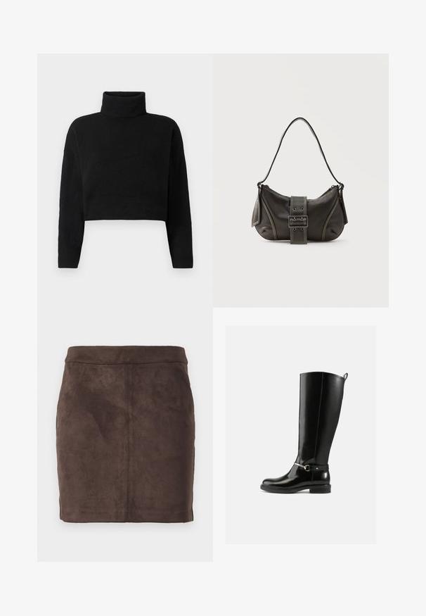 Pull en maille noir coupé, avec un col roulé haut, des manches longues et une texture douce. Design simple sans motifs ni éléments visibles.; Jupe mini en daim marron avec une texture lisse, un design effilé et une taille plate, comprenant des coutures verticales pour la structure.; Bottes noires montantes en cuir verni, avec un détail de boucle argentée à la cheville et une conception à bout arrondi. Semelle plate.; Sac à épaule en cuir noir avec une sangle à boucle, des bords arrondis et des coutures blanches contrastées sur un fond uni.