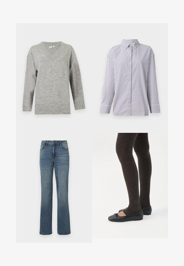 Pull gris clair à manches longues avec col en V, poignets et ourlet côtelés, présenté sur un fond blanc uni.; Chemise à manches longues avec des rayures verticales violettes, un col pointu et de larges poignets rayés sur un fond clair.; Jean en denim droit bleu avec fermeture à bouton et zip à l'avant, poches avant et arrière, et un léger effet délavé.; Jambes portant des leggings côtelés foncés associés à des ballerines noires avec de petits détails en nœud sur fond blanc.
