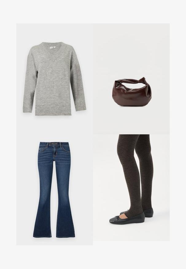 Pull gris clair à manches longues avec col en V, poignets et ourlet côtelés, présenté sur un fond blanc uni.; Jean évasé en denim bleu foncé, doté d'un design classique à cinq poches, de coutures contrastantes et d'une braguette zippée avec fermeture par bouton.; Jambes portant des leggings côtelés foncés associés à des ballerines noires avec de petits détails en nœud sur fond blanc.; Sac bandoulière en cuir marron foncé avec une forme souple et décontractée et une anse nouée torsadée sur un fond blanc uni.