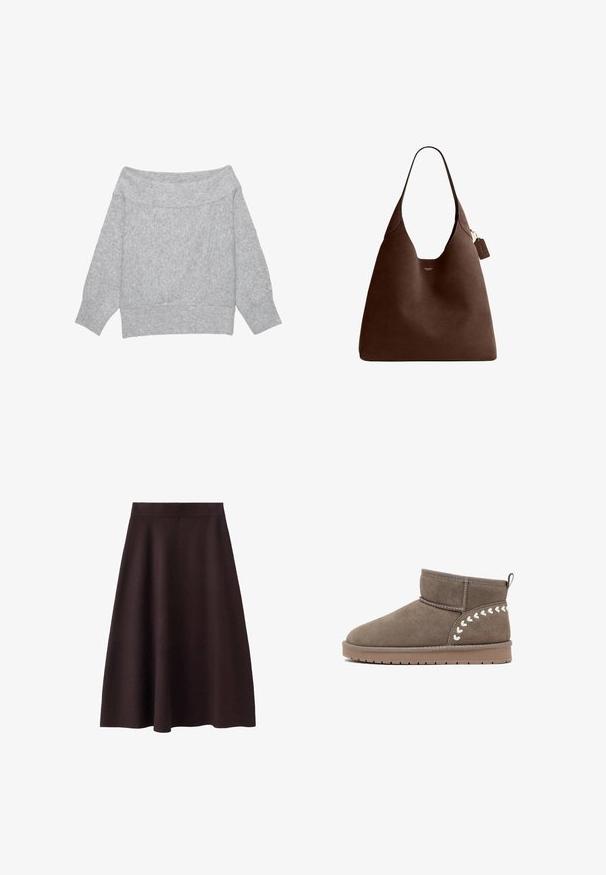 Pull gris clair en maille, à épaules dénudées, manches longues avec poignets et ourlet côtelés, posé à plat sur un fond blanc.; Jupe A-line marron foncé, de longueur genou, avec une texture lisse et une taille ajustée. Pas de motifs ou d'accents visibles. Design simple.; Bottine en daim marron avec un bout arrondi, des coutures décoratives en forme de cœur blanches et une semelle en caoutchouc basse pour une meilleure adhérence.; Sac cabas en cuir marron avec une bandoulière unique, petit logo Coach doré et étiquette en cuir attachée sur fond blanc.