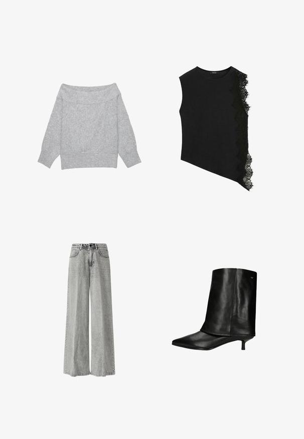 Pull gris clair en maille, à épaules dénudées, manches longues avec poignets et ourlet côtelés, posé à plat sur un fond blanc.; Haut noir sans manches avec un ourlet asymétrique et un côté bordé d'un galon en dentelle décorative.; Jean large en denim gris clair, avec une taille haute, un design classique à cinq poches et des coutures contrastantes le long des coutures.; Botte noire en cuir mi-mollet avec bout pointu et petit talon kitten bas, texture lisse, légère couture en détail, et petit logo en métal près du haut.