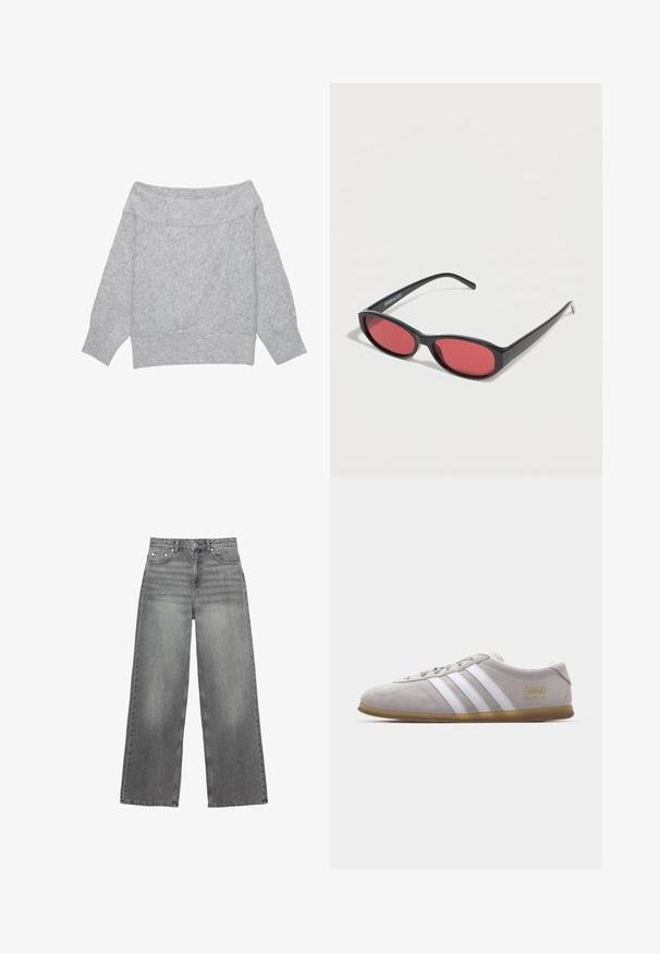 Pull gris clair en maille, à épaules dénudées, manches longues avec poignets et ourlet côtelés, posé à plat sur un fond blanc.; Jean large gris en denim, avec une taille mi-haute, cinq poches et une légère décoloration sur les jambes.; Baskets en daim gris avec des rayures en cuir blanc et un logo doré. Semelle en gomme plate, bout rond et design classique à lacets.; Lunettes de soleil ovales noires avec des branches fines et des verres teintés rouges posées sur une surface blanche.