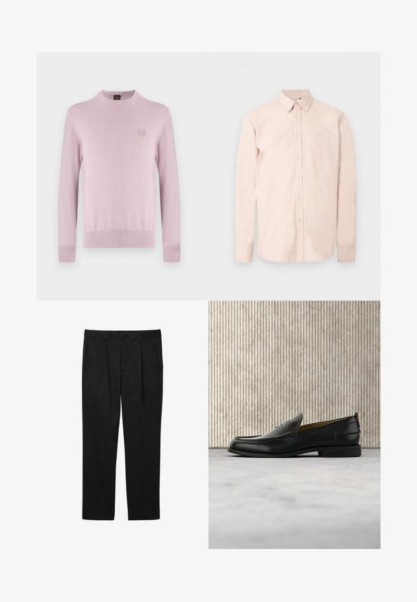 Pull rose clair à col rond avec manches longues et petit patch logo carré sur le côté gauche de la poitrine, présenté sur un fond blanc uni.; Chemise rose clair à manches longues avec boutons, col pointu, logo discret sur la poitrine et poignets boutonnés sur un fond blanc uni.; Pantalons formels noirs pour hommes avec poches avant, passants pour ceinture, fermeture par bouton et coupe droite.; Mocassin pour homme en cuir noir avec un dessus embossé effet croco et un petit talon, présenté de profil sur un fond neutre.