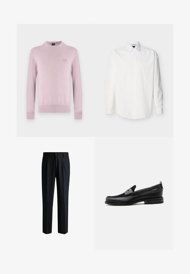 Pull rose clair à col rond avec manches longues et petit patch logo carré sur le côté gauche de la poitrine, présenté sur un fond blanc uni.; Chemise blanche à manches longues avec boutons, rayures verticales discrètes et col pointu, présentée à plat sur un fond clair.; Pantalons noirs en tissu lisse, avec une coupe droite, des plis à l'avant et une fermeture à bouton avec passants de ceinture.; Mocassin en cuir noir avec détail de bride grise, talon bas et semelle texturée, marqué "HUGO" en or sur le côté.