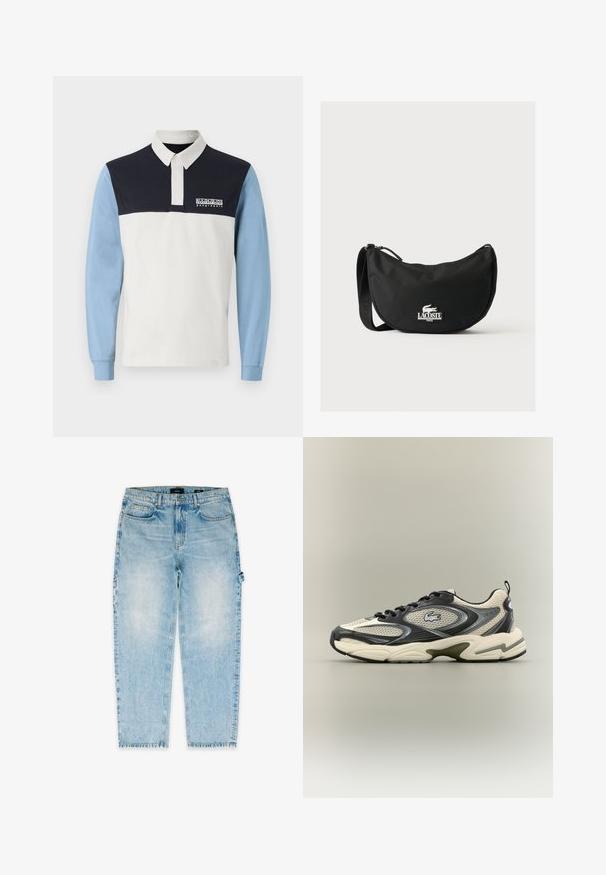 Camisa polo de manga larga con un cuerpo blanco, hombros azul marino y mangas azul claro. Incluye un cuello y un logo en el pecho.; Vaqueros de mezclilla azul claro con diseño de pierna recta, cinco bolsillos, sutil desgaste y un lazo en el lateral como detalle adicional.; Zapatilla deportiva en negro y crema con parte superior de malla, suela de goma y un destacado detalle de logo. Punta redondeada con acentos texturizados.; Bolso de hombro Lacoste negro con forma curva, correa ajustable y logo de cocodrilo blanco en relieve sobre el nombre de la marca en la parte delantera.