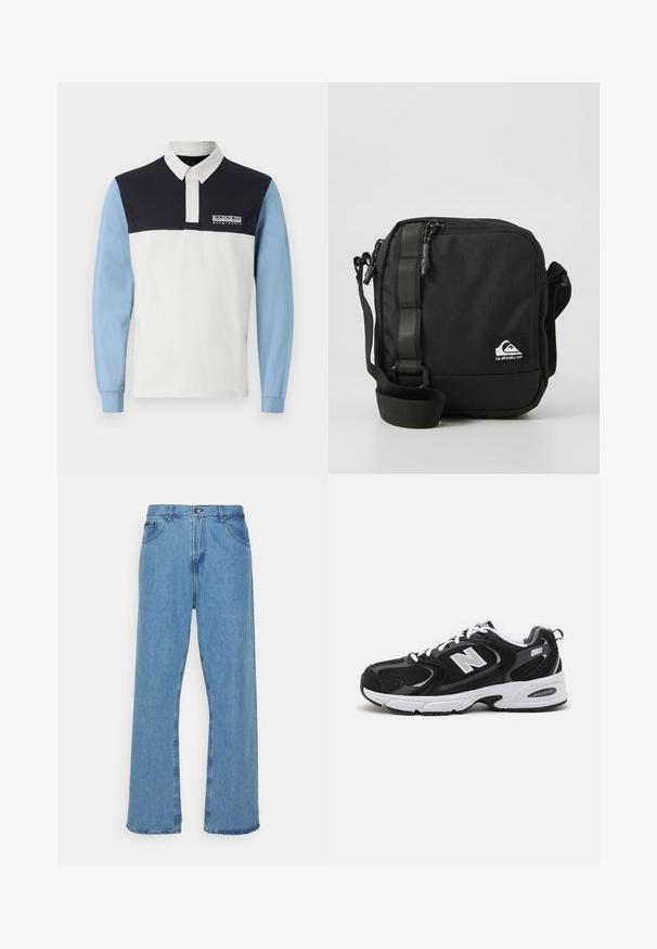 Langærmet polo-shirt med hvid krop, marineblå skuldre og lyseblå ærmer. Indeholder en krave og et logo på brystet.; Lysblå denim bred ben jeans med høj talje, der har knap- og lynlåslukning, fem lommer og frynset kant.; Sorte og grå sportssko med mesh og ruskind på overdelen, der har en hvid mellemsål, snørebånd og et iøjnefaldende "N" logo på siden.; Kompakt sort crossbody taske med justerbar rem, frontlomme med lynlås og et lille hvidt Quiksilver logo-patch.