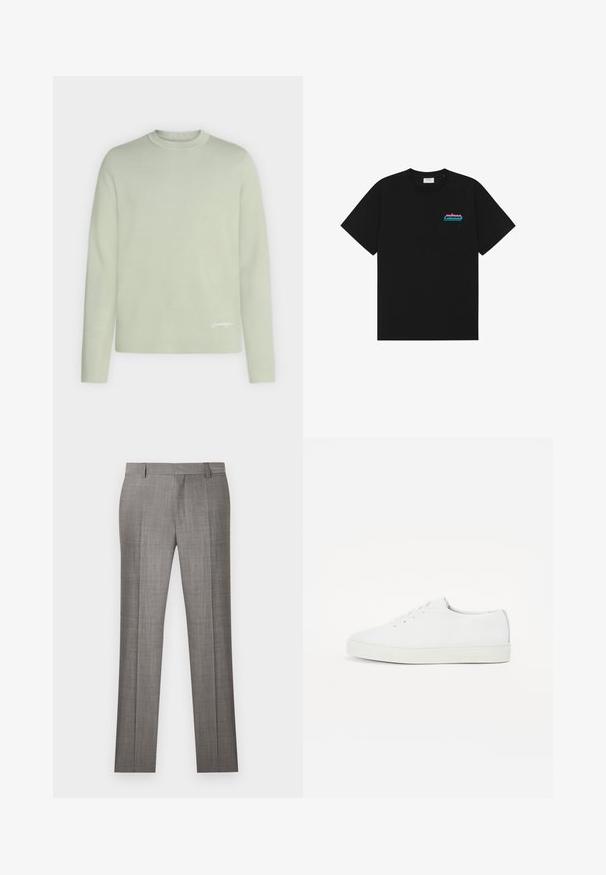 Pull vert clair à manches longues et col rond avec un logo blanc discret près de l'ourlet inférieur sur fond uni.; T-shirt noir à manches courtes avec col rond et petit logo "prince" rose et bleu sur la poitrine gauche.; Pantalon de costume gris clair avec passants pour ceinture et plis marqués à l'avant, présenté à plat sur un fond blanc.; Baskets blanches en cuir avec une texture lisse, bout rond, semelle plate et un discret logo doré sur le côté. Design classique à lacets.