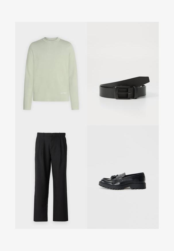Pull vert clair à manches longues et col rond avec un logo blanc discret près de l'ourlet inférieur sur fond uni.; Jack & Jones JPSTBILL JJDAYTONA WIDE CHINO - Chino - black; Mocassins en cuir noir avec une finition brillante, semelle en caoutchouc épaisse et détail de frange décoratif à l'avant.; Ceinture en cuir noir avec une boucle en métal noir mat, présentant une texture lisse et un design simple. Longueur réglable avec une extrémité effilée.