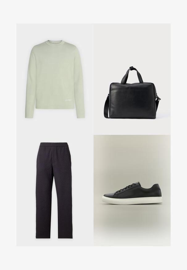 Pull vert clair à manches longues et col rond avec un logo blanc discret près de l'ourlet inférieur sur fond uni.; Pantalon noir coupe droite avec un motif texturé subtil et des poches latérales, présenté sur un fond clair uni.; Baskets basses noires avec semelle en caoutchouc blanche et lacets noirs, présentées de profil sur un fond neutre.; Sac de voyage en cuir noir de forme rectangulaire, avec deux poignées, une bandoulière amovible et des ornements minimalistes.