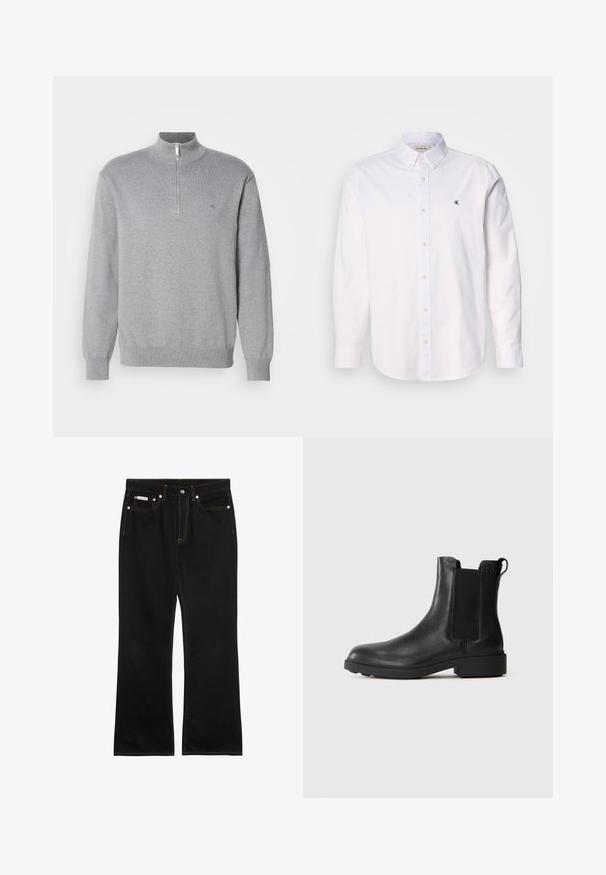Sudadera gris con cremallera y cuello alto, de mangas largas y puños acanalados. Tejido de punto con una sutil textura y un pequeño logo en el pecho.; Camisa blanca de algodón, con cuello clásico, mangas largas y un pequeño logo de CK en el lado izquierdo del pecho. Textura suave.; Vaqueros negros de pierna recta con costuras naranjas, cinco bolsillos, cierre de botón y una pequeña etiqueta Calvin Klein en el bolsillo delantero derecho.; Botín negro de cuero hasta el tobillo con paneles laterales elásticos, tirador en el talón y suela baja de bloque sobre un fondo liso.