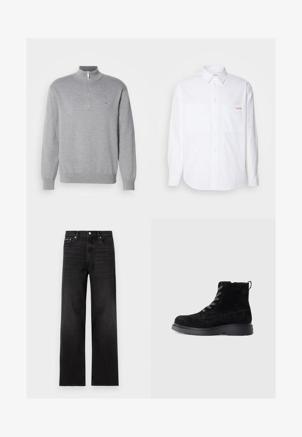 Sudadera gris con cremallera y cuello alto, de mangas largas y puños acanalados. Tejido de punto con una sutil textura y un pequeño logo en el pecho.; Camisa de botones de manga larga blanca hecha de algodón. Presenta dos bolsillos en el pecho, un dobladillo curvado y un pequeño logotipo dorado en el bolsillo izquierdo.; Jeans negros de pierna recta con diseño de cinco bolsillos, presillas para cinturón y cierre de botón, mostrados sobre un fondo blanco.; Botines de ante negro con una superficie texturizada, puntera redonda, cordones grises y suela negra resistente. Cuenta con una pequeña lengüeta en la parte posterior.