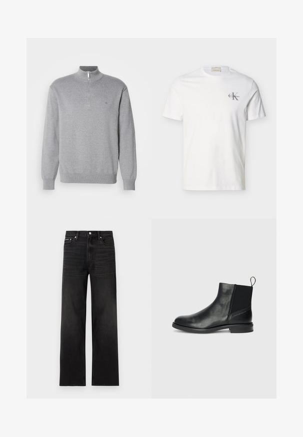 Sudadera gris con cremallera y cuello alto, de mangas largas y puños acanalados. Tejido de punto con una sutil textura y un pequeño logo en el pecho.; Camiseta de algodón blanca de manga corta con pequeño logo gris de "Calvin Klein" en el pecho izquierdo, cuello redondo y corte regular.; Jeans negros de pierna recta con diseño de cinco bolsillos, presillas para cinturón y cierre de botón, mostrados sobre un fondo blanco.; Botas de tobillo de cuero negro con paneles laterales elásticos, punta redondeada, tacón bajo cuadrado y una lengüeta en la parte posterior para ponerlas y quitar las fácilmente.