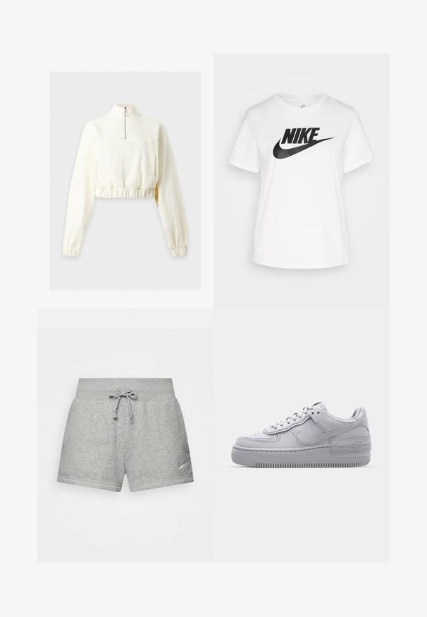 Langærmet cremefarvet cropped sweatshirt med høj krave og halv lynlås, med elastisk talje og manchetter.; Hvid bomulds t-shirt med rund hals, korte ærmer, og et stort sort Nike-logo trykt på tværs af brystet. Glat tekstur og afslappet design.; Grå atletiske shorts lavet af blødt stof, med en elastisk talje med snor, og et lille Nike-logo på den nederste venstre side.; Grå Nike Air Force 1 sneakers med perforeret tå, glat læderoverdel, tyk sål og præget 'AIR' detalje på hælen.