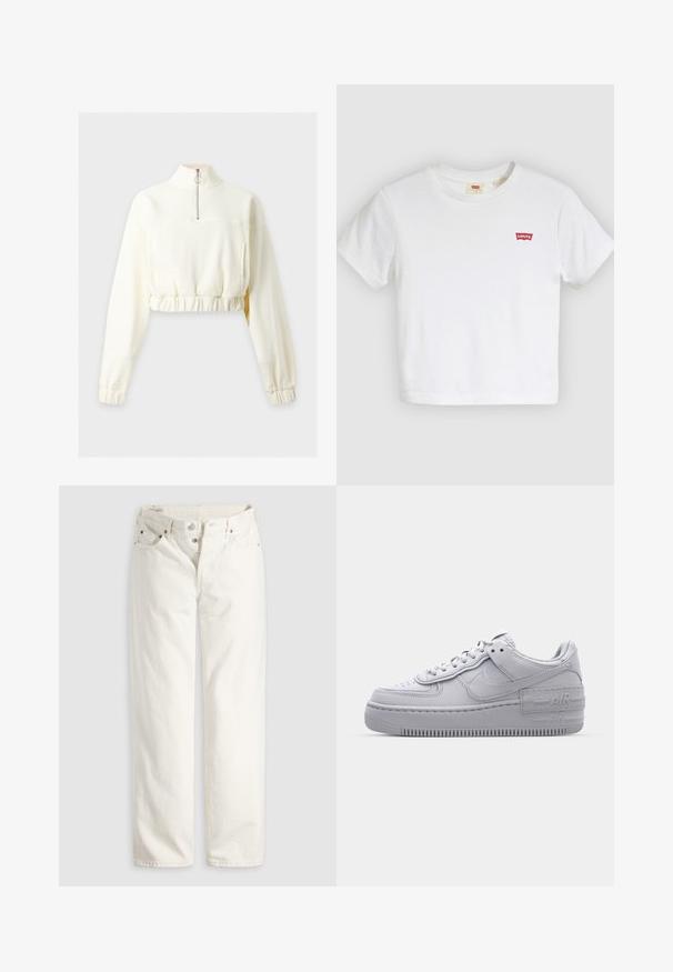 Langærmet cremefarvet cropped sweatshirt med høj krave og halv lynlås, med elastisk talje og manchetter.; Hvid T-shirt med korte ærmer og rund halsudskæring med lille rødt Levi's-logo på venstre bryst.; Hvide jeans med høj talje, lige ben, knaplukning, lommer foran og bagpå samt synlige kobbernitter i lommekanterne.; Grå Nike Air Force 1 sneakers med perforeret tå, glat læderoverdel, tyk sål og præget 'AIR' detalje på hælen.