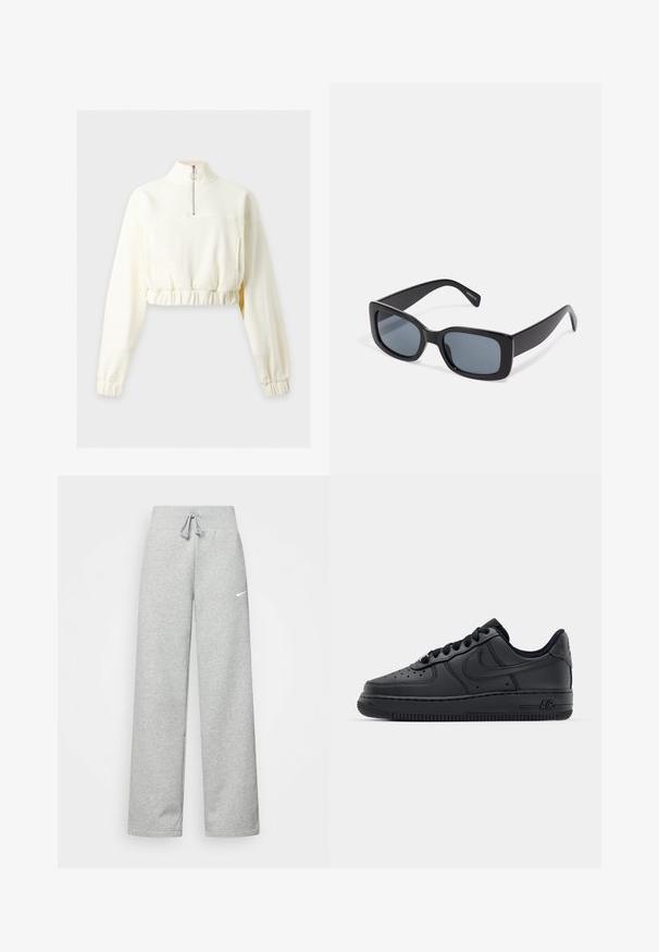 Langærmet cremefarvet cropped sweatshirt med høj krave og halv lynlås, med elastisk talje og manchetter.; Grå sweatpants med elastisk talje, snor detaljer og et lille hvidt Nike-logo på venstre lår. Blødt stof, løs pasform.; Sorte lædersneakers med perforeret tåboks, flade snørebånd og gummisål. Har et lille logo på siden og tekstureret detaljering.; Sorte rektangulære solbriller med mørkt tonede linser, tyk plastramme og brede stænger. Glat overflade og kantet design.