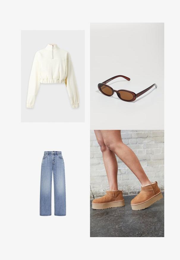 Langærmet cremefarvet cropped sweatshirt med høj krave og halv lynlås, med elastisk talje og manchetter.; Lyseblå jeans med højtaljede og vide ben med foran knap- og lynlås-lukning samt fem-lomme design på hvid baggrund.; Brune ruskinds ankelsko med en blød foring, tyk beige plattformsål og en bageste løkke. Tekstureret overflade med synlige sømdetaljer.; Runde, bruntonede solbriller med en glansfuld bordeauxramme. Slanke arme med diskret brandingdetalje. Flad linsedesign.