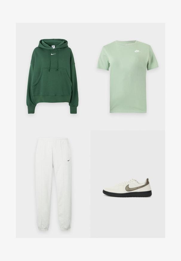 Σκούρο πράσινο hoodie της Nike με μπροστινή τσέπη καγκουρό, κουκούλα με κορδόνια και λευκό λογότυπο Nike swoosh στο στήθος.; Ανοιχτό πράσινο κοντομάνικο μπλουζάκι Nike με στρογγυλή λαιμόκοψη και λευκό λογότυπο Nike στο πάνω αριστερό μέρος του στήθους.; Ανοιχτό γκρι φόρμα Nike με ελαστική μέση, στενά μανσέτες και μικρό μαύρο λογότυπο στο αριστερό μηρό. Μαλακό, υφασμάτινο ύφασμα με υφή.; Nike Sportswear FIELD GENERAL - Αθλητικά παπούτσια - off-white/black