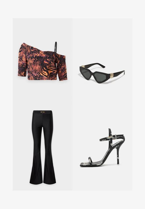 Crop top εκτός του ώμου με ζωηρό πορτοκαλί και μαύρο σχέδιο ζώου, κοντά μανίκια, ραβδωτή υφή και λεπτό ρυθμιζόμενο λουράκι.; Μαύρο παντελόνι με καμπάνα και ψηλή μέση, στενή εφαρμογή και μικρό χρυσό διακοσμητικό κούμπωμα στη μέση, εμφανίζεται σε μονόχρωμο φόντο.; Μαύρες ψηλές σαγιονάρες με τετράγωνη μύτη, λουλουδένιο μοτίβο, λεπτές λουρίδες αστραγάλου και γυαλιστερό φινίρισμα. Σημαντική λεπτή τακούνι στιλέτο.; Μαύρα γυαλιά ηλίου τύπου cat-eye με σκούρους φακούς, γυαλιστερό πλαστικό σκελετό και χρυσές λεπτομέρειες στους βραχίονες.