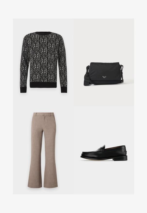Pull en maille noire avec un motif répétitif gris composé de lettres et de formes, doté d'un col rond et de poignets et ourlet côtelés.; Pantalons évasés beiges en tissu texturé, avec fermeture éclair et poches latérales pour plus de fonctionnalité. Design ajusté.; Mocassin homme en cuir noir avec un petit talon et une couture de style mocassin sur l'avant, vu de côté sur un fond uni.; Sac bandoulière noir avec sangle réglable et petit emblème logo argenté sur le rabat avant, présenté sur un fond clair uni.
