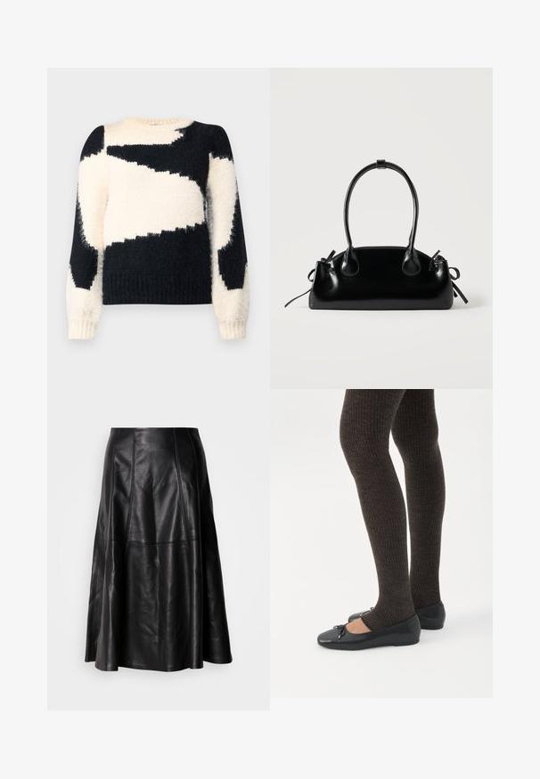 VILA VIKUNNUO O NECK TOP - Pullover - birch; Jupe en cuir noir avec une silhouette évasée, présentant des coutures visibles et une texture lisse. Conception mi-longue avec une coupe classique.; Jambes portant des leggings côtelés foncés associés à des ballerines noires avec de petits détails en nœud sur fond blanc.; Petit sac à main noir brillant avec deux longues anses et des détails à cordon sur les côtés sur un fond clair uni.