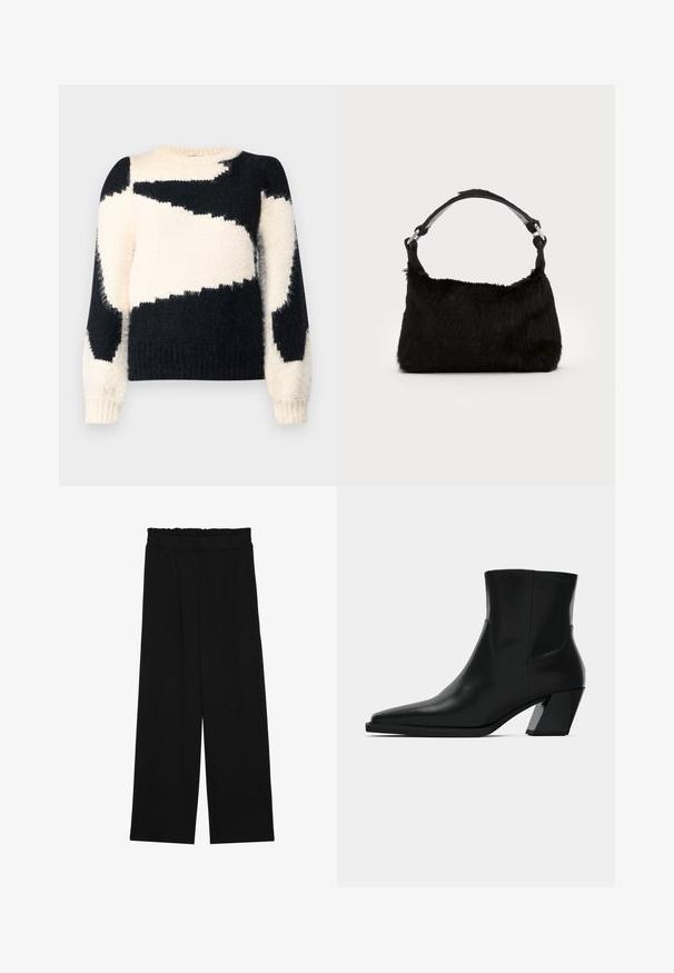 VILA VIKUNNUO O NECK TOP - Pullover - birch; Pantalons larges noirs à taille volante, dotés de deux poches latérales et d'un tissu lisse et léger. Pas de motifs ni de matériel visible.; Bottine en cuir noir avec un bout pointu, une silhouette élégante et un talon carré massif. Texture lisse avec des détails de couture minimalistes.; Sac à main en fausse fourrure noire avec une texture douce, une forme arrondie et une bandoulière en cuir noir robuste. Accent en métal argenté visible.