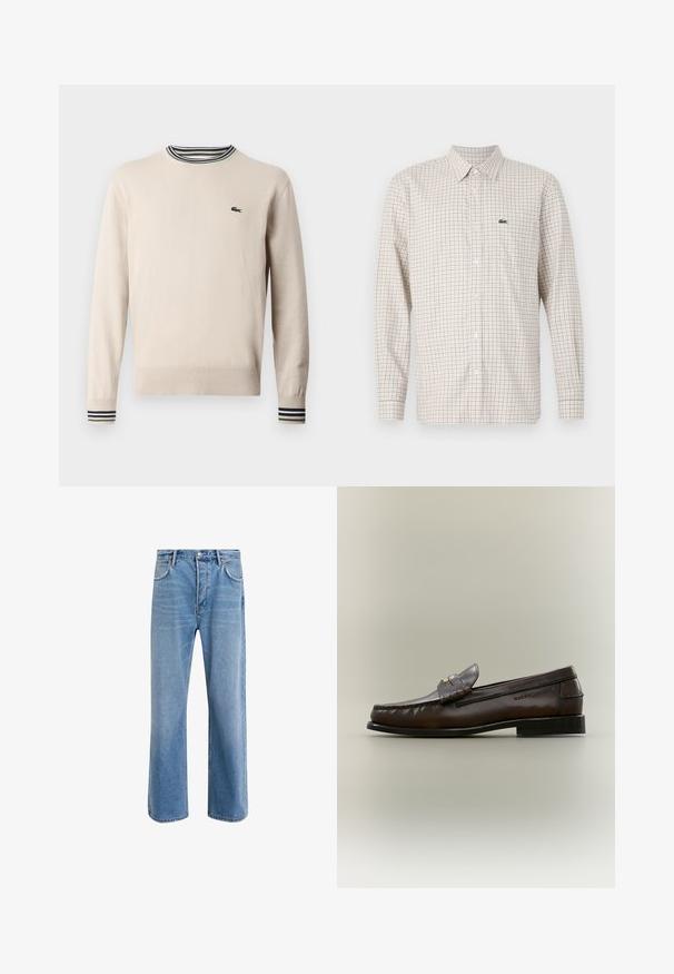 Beige sweater lavet af strikket stof, med rund halsudskæring, ribbede ærmer med sorte og grønne striber, og et lille logo på brystet.; Langærmet beige skjorte med rødt og blåt ternet mønster, knappet foran, krave og grøn krokodillelogo på venstre bryst.; Lyseblå denim jeans med lige ben-design, fem lommer, knaplukning, minimal falming og kontraststingdetaljer.; Mørkebrun læderloafer med lav sort hæl, mokkasinsyning og en dekorativ rem over toppen.