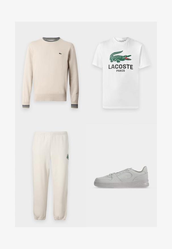 Beige Pullover aus Strickstoff, mit rundem Halsauschnitt, gerippten Bündchen mit schwarzen und grünen Streifen und kleinem Logo auf der Brust.; Lacoste T-Shirt print - white; Helle beige Sweatpants aus Baumwolle mit einem elastischen Bund, gerippten Bündchen und einem grünen Logo mit Blattdesign am linken Bein.; Weißer, flacher Lacoste-Sneaker mit Schnürsenkeln, geprägtem Logo an der Seite und strukturierter Sohle auf einfachem Hintergrund.