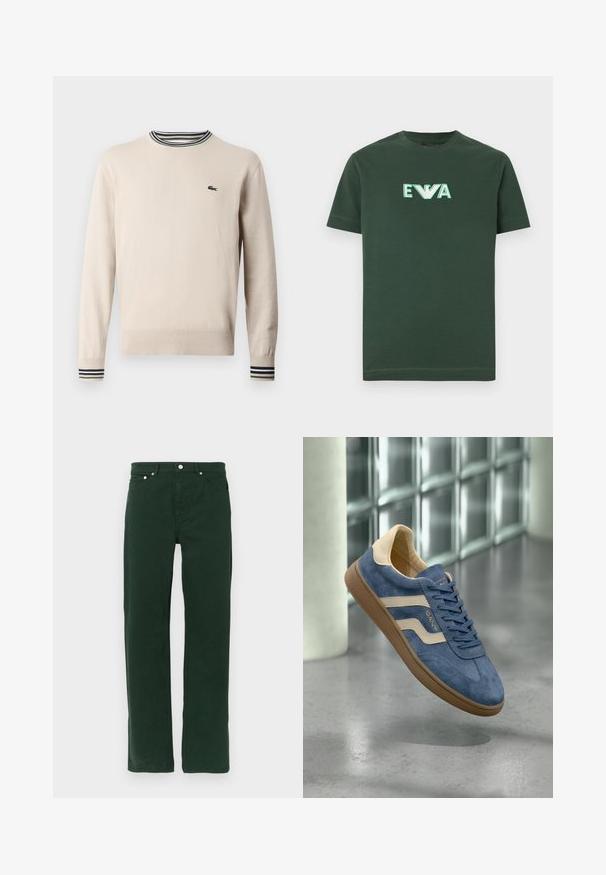 Suéter beige hecho de tejido de punto, con un escote redondo, puños acanalados con rayas negras y verdes, y un pequeño logo en el pecho.; Camiseta de cuello redondo de manga corta en verde oscuro con "EWA" bordado en blanco y verde y un logo en forma de pájaro en el centro del frente.; Pantalones de algodón verdes con un diseño de pierna recta, que cuentan con una cremallera, cinco bolsillos y botones de tono plateado. Textura suave, sin patrones visibles.; Zapatilla de ante azul con rayas beige, suela marrón y cordones, flotando en interiores sobre un suelo de hormigón pulido cerca de bloques de vidrio.