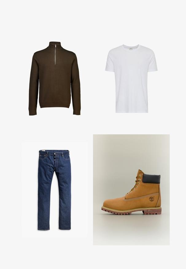 Bruine trui met ritssluiting, gemaakt van een zachte gebreide stof. Voorzien van lange mouwen, een geribbelde kraag en een zilveren rits voor eenvoudig aan- en uittrekken.; Effen wit T-shirt met korte mouwen en een ronde hals, getoond op een witte achtergrond, met een klein neklabel waarop het merk “Solid” staat.; Donkerblauwe denim jeans met een recht pijpdesign, contrasterende stiksels, een knopenrits en vijf-pocketstijl.; Bruine leren enkellaars met zwarte kraag, gele veters en een zandkleurige zool. Voorzien van een logo en witte stikseldetails. Robuuste loopzool met grip.