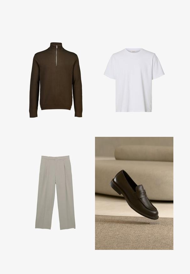 Brun zip-nakke sweater lavet af blødt strikstof. Har lange ærmer, ribbet krave og en sølv lynlås for nem påklædning.; Enkelt hvid kortærmet T-shirt med rund hals, almindelig pasform og glat stofstruktur, vist på en hvid baggrund.; Lysegrå bredbenede bukser med en glat tekstur, der har forseglede folder foran, knaplukning og sidelommer.; En enkelt mørkebrun læderloafer svæver over et beige, tekstureret tæppe, med en sløret beige sofa i baggrunden.