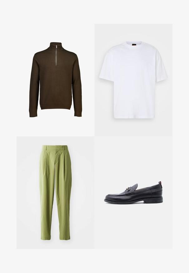 Brun zip-nakke sweater lavet af blødt strikstof. Har lange ærmer, ribbet krave og en sølv lynlås for nem påklædning.; Hvid bomulds T-shirt med rund hals, korte ærmer og en afslappet pasform. Har strukturerede skuldersømme for ekstra detaljer.; Lys grønne bukser lavet af et struktureret stof, med en lige form, folder foran og en standard talje.; Sort lædermokasin med grå tekstureret forfod, sølvfarvet metalspænde, lav hæl og trækflap bagpå.