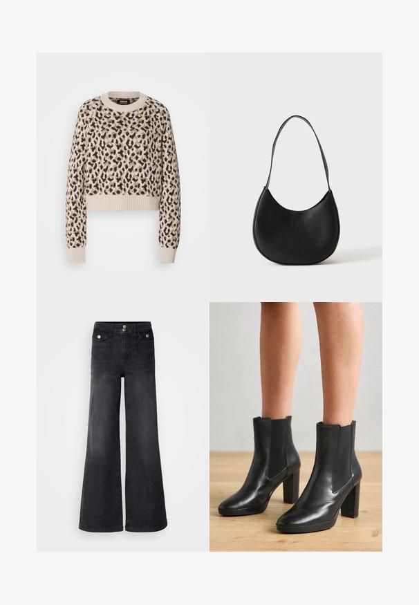 Beige cropped sweater met een luipaardprint in bruine en zwarte tinten. Kenmerkt geribbelde manchetten en zoom, met een ronde halslijn.; Zwarte denim wijd uitlopende jeans met een hoge taille, voorste knopen en twee voorzakken; soepele textuur met een lichte vervaging.; Zwarte leren enkelboots met een blokhak, voorzien van elastische zijkanten, een gladde textuur en een slanke silhouet.; Zwarte leren schoudertas in halve maansvorm met een enkele riem en subtiel gegraveerde merknaam op een effen lichte achtergrond.