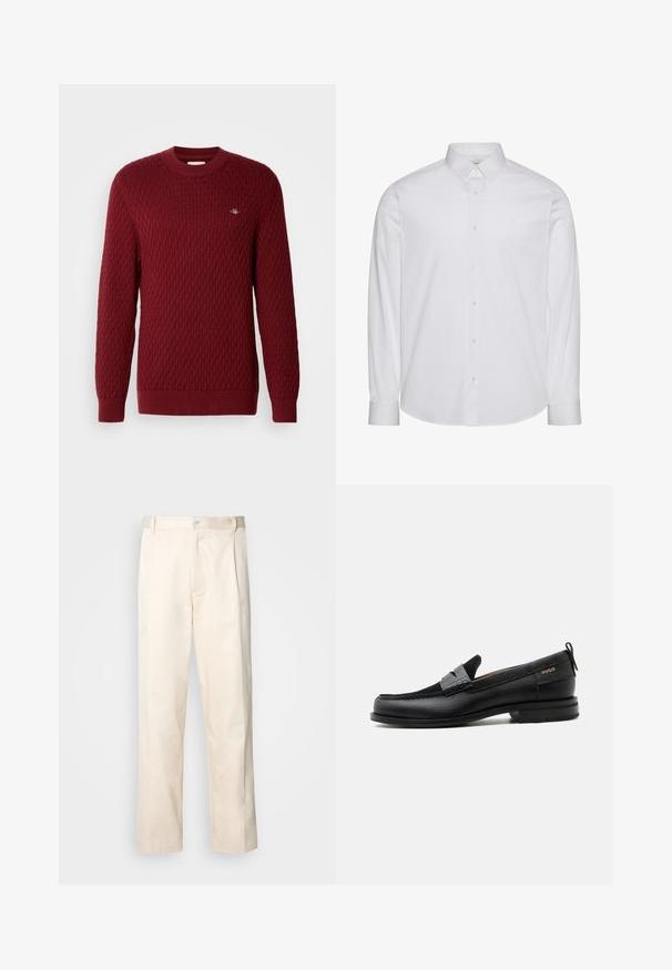 Pull en tricot bordeaux avec un motif en losange, col rond, manches longues et poignets côtelés. Petit détail de logo à l'avant. Texture douce.; Chemise blanche à manches longues en coton. Comprend un col classique, une patte de boutonnage à l'avant avec boutons, et un ourlet arrondi. Logo discret de la marque.; Pantalon en coton beige avec une coupe droite, présentant une fermeture à bouton et des plis sur le devant pour plus de détails.; Mocassin en cuir noir avec détail de bride grise, talon bas et semelle texturée, marqué "HUGO" en or sur le côté.