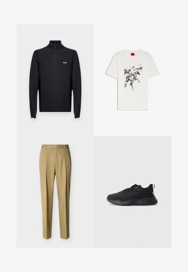 Pull noir à col zippé en tissu uni, avec col et poignets texturés. Logo « BOSS » visible sur le côté gauche de la poitrine.; T-shirt blanc avec un croquis noir de deux jockeys montant des chevaux lors d'une course, logo "HUGO" sous le motif et étiquette rouge à l'intérieur du col.; Pantalon beige ajusté avec passants de ceinture et pli frontal, présenté sur un fond clair uni.; Baskets de sport noires avec un dessus en textile lisse, un laçage, un col rembourré, une semelle en caoutchouc contrastante et un détail de logo sur le talon.