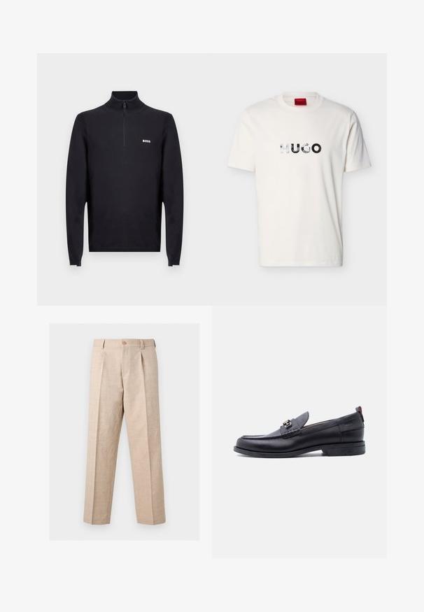 Pull noir à col zippé en tissu uni, avec col et poignets texturés. Logo « BOSS » visible sur le côté gauche de la poitrine.; T-shirt blanc à manches courtes et col rond avec le logo "HUGO" réfléchissant centré sur la poitrine.; Pantalon beige à jambes droites avec plis, fermeture par bouton, passants pour ceinture et coupe ajustée.; Mocassin en cuir noir avec empeigne texturée grise, détail boucle en métal argenté, petit talon et languette à l'arrière.