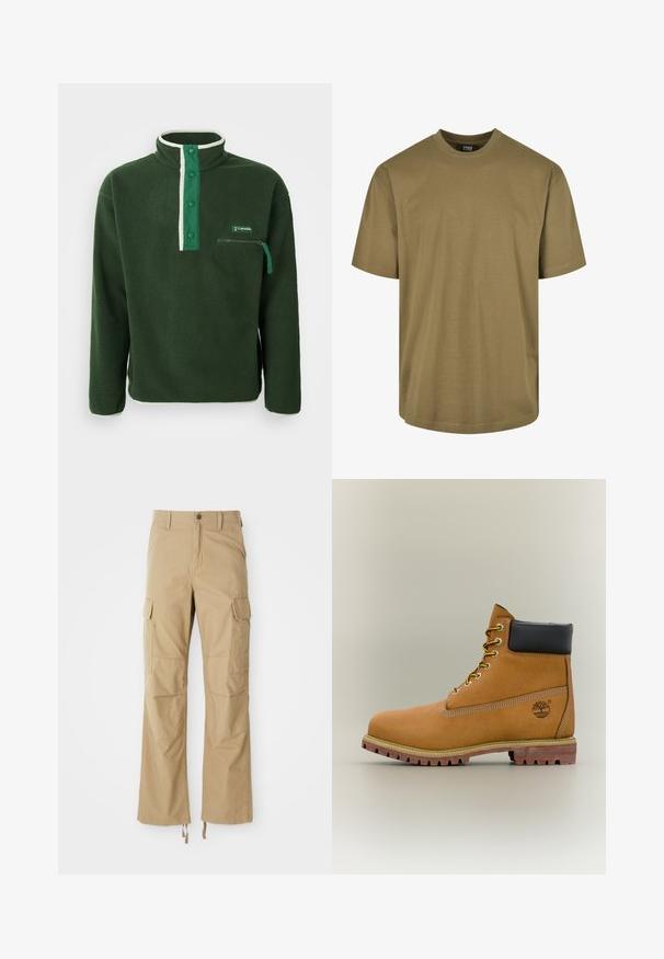 Groene fleece pullover met een hoge kraag, voorzien van een contrasterende witte rits, drukknoopjes en een ritszak op de borst. Gelaagd stof.; Olijfgroene T-shirt, korte mouwen, ronde halslijn, gemaakt van katoen, met een eenvoudig ontwerp zonder patronen of accenten.; Khaki cargobroek gemaakt van duurzaam materiaal, met meerdere zijzakken, een rechte pijpdesign en verstelbare koorden aan de zoom.; Bruine leren enkellaars met zwarte kraag, gele veters en een zandkleurige zool. Voorzien van een logo en witte stikseldetails. Robuuste loopzool met grip.