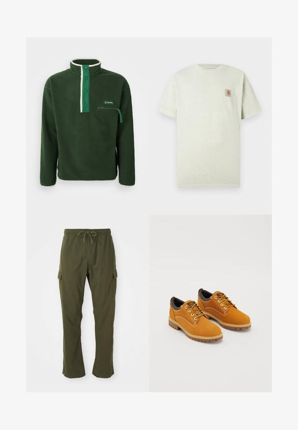 Polaire verde con cuello alto, que presenta una cremallera blanca en contraste, botones a presión y un bolsillo en el pecho con cremallera. Tejido texturizado.; Camiseta de algodón verde claro con mangas cortas, escote redondo y un pequeño parche cuadrado con un logo en el lado izquierdo del pecho. Textura suave.; Pantalones cargo verde oliva con cintura elástica, cordón y bolsillos laterales. La tela parece suave con una textura lisa.; Zapatos de ante marrón con punta redonda, cordones amarillos, un collar acolchado negro y suelas de goma con surcos de tracción.